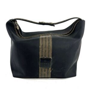 Fendi [Authentic] Vintage Black FF Nylon Pequin Stripe Top Handle Snap Pouch Bag